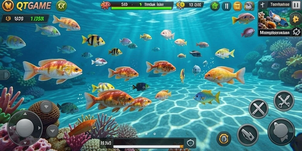 Tampilan screenshot utama QTGAME menampilkan aksi menembak ikan yang seru.
